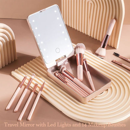 🔥 Big Sale 50% OFF🌈Travel Makeup Brush Set with LED Light Mirror